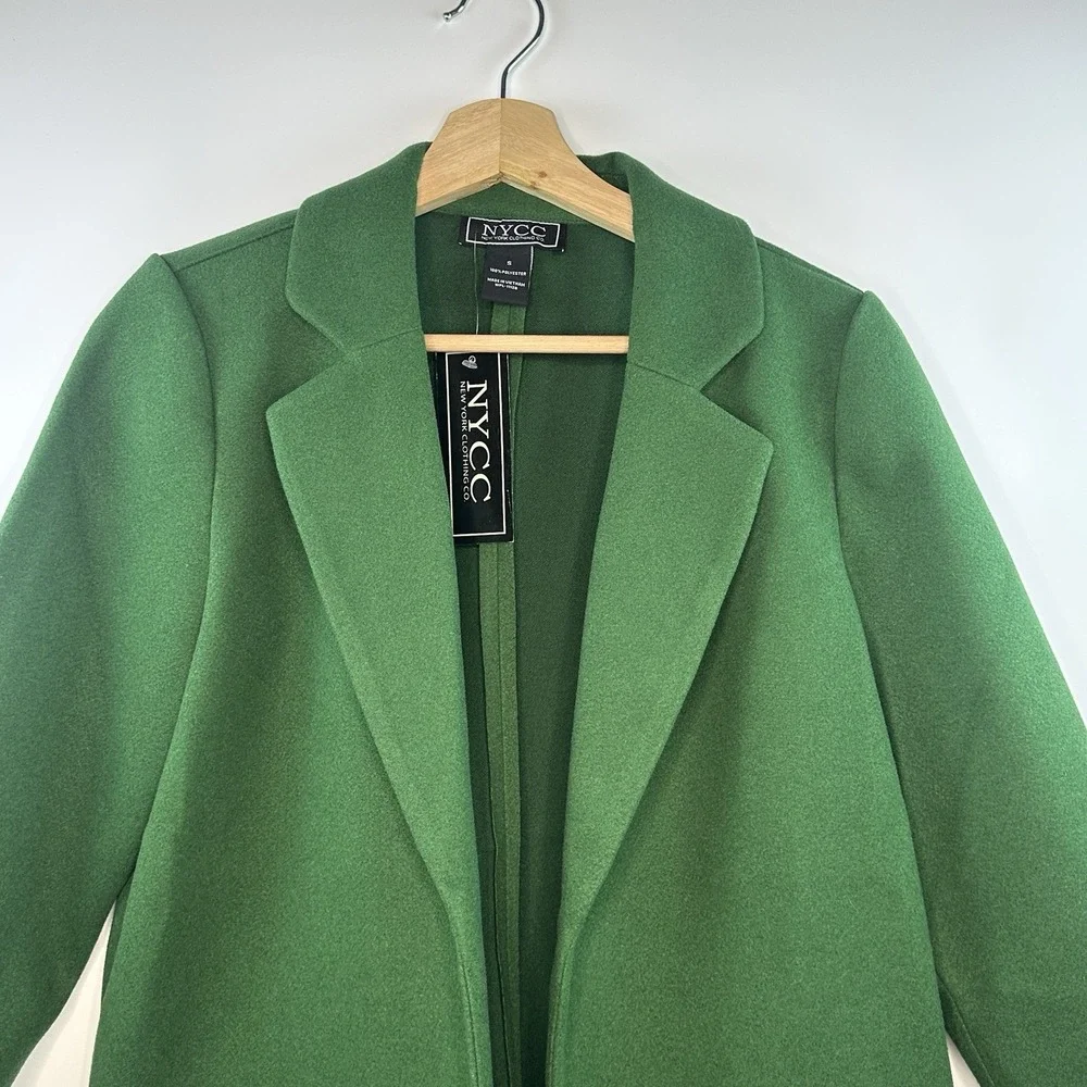 NYCC Womens Open Front Green Overcoat Crepe 3/4 Sleeve Pockets Small NEW